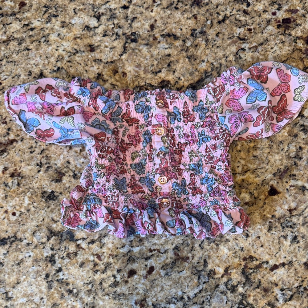 Girls Pink Butterfly Smocked Off-Shoulder Ruffle Top